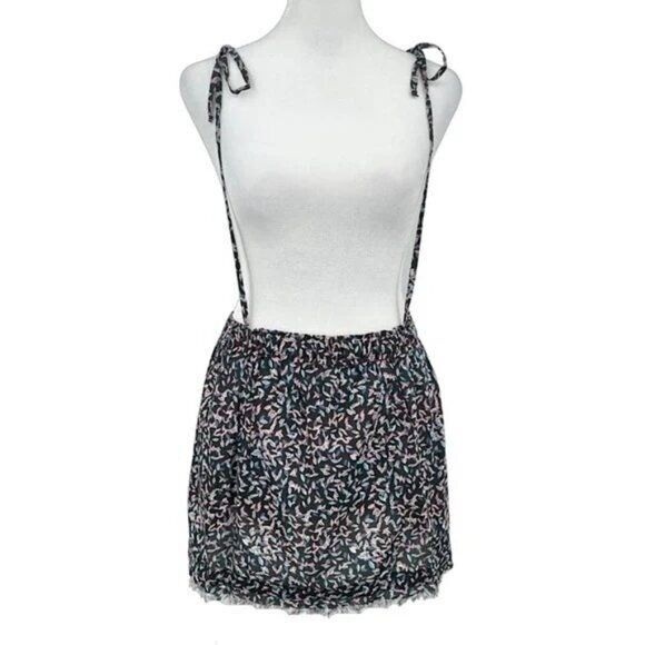NWT- ELAN Folk Boho Mini Skirt Gray Leaf Print Frayed Hem Shoulder Tie Size M - Picture 1 of 3
